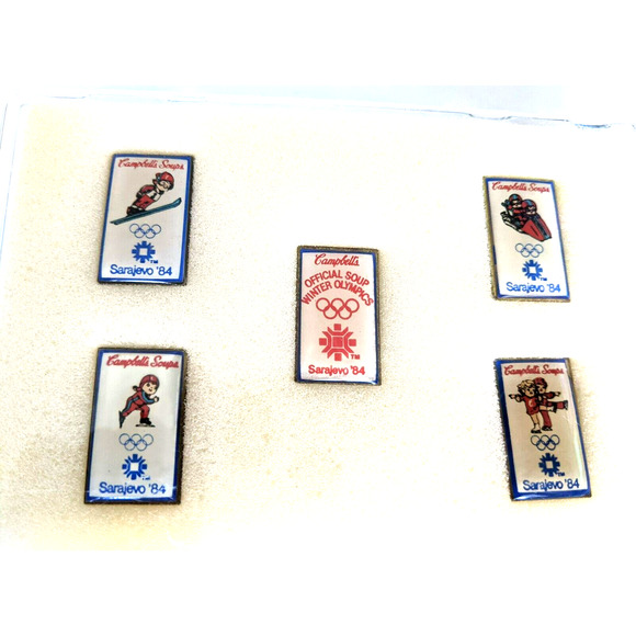 Vintage 1984 Sarajevo Winter Olympic Games CAMPBELL'S SOUPS 5 Pin Set - Picture 2 of 3